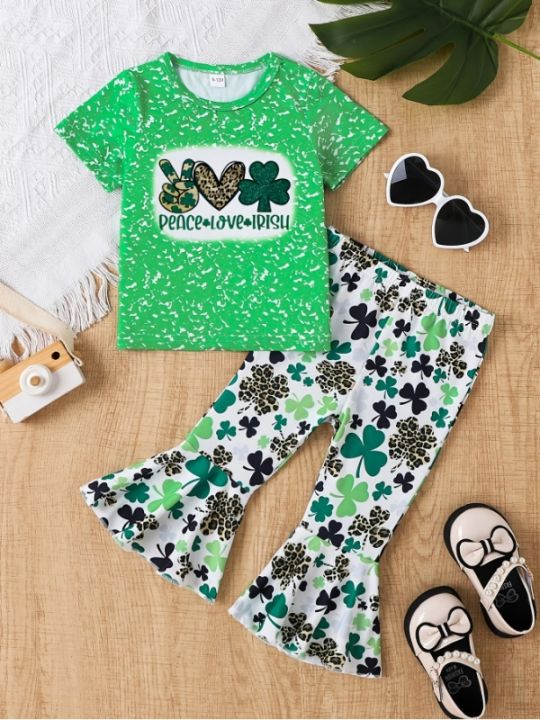 Girls'%202Pcs%20Green%20Clover%20Outfit:%20Graphic%20Tee%20+%20Flared%20Pants%20St.%20Patrick's%20Set%20-%20Image%203