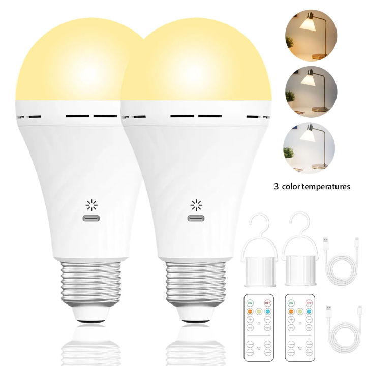 USB-C Rechargeable Emergency Bulb with E27 Socket, Tri-Color Temperature (3000K-6000K), Remote Control, for living room, bedroom