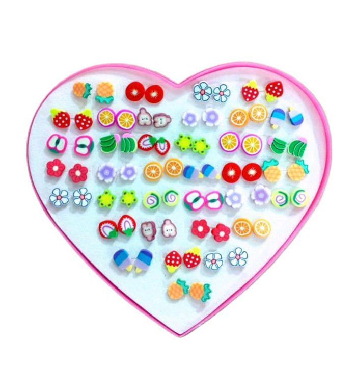 72/Pieces which is 36/Pairs of Studs, Furit, Animal and Flowers Earrings with heart shape Box Colourful and Random Studs earrings set 20% Discount for limited time only best for girls  birthday gift