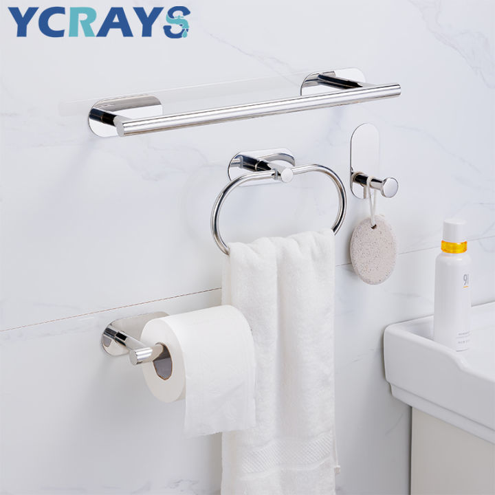 YCRAYS No Drilling Chrome Bathroom Accessories Sets Toilet Tissue Roll Paper Holder Towel Rack Bar Rail Ring Robe Hook Hardware