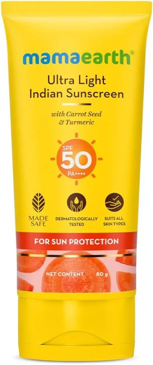 Mamaearth Ultra Light Sunscreen Lotion | Organic & Natural SPF 50 Broad Spectrum Sunblock Suntan Lotion with Turmeric & Carrot Seed | 2.71 Fl Oz (80ml)