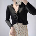 Ruffled Trim Tie Front Long Sleeve Crop Top Women Ribbed Knit Cardigan Sweater Shrug Top Summer Teen-girl Fairycore Outfit.
