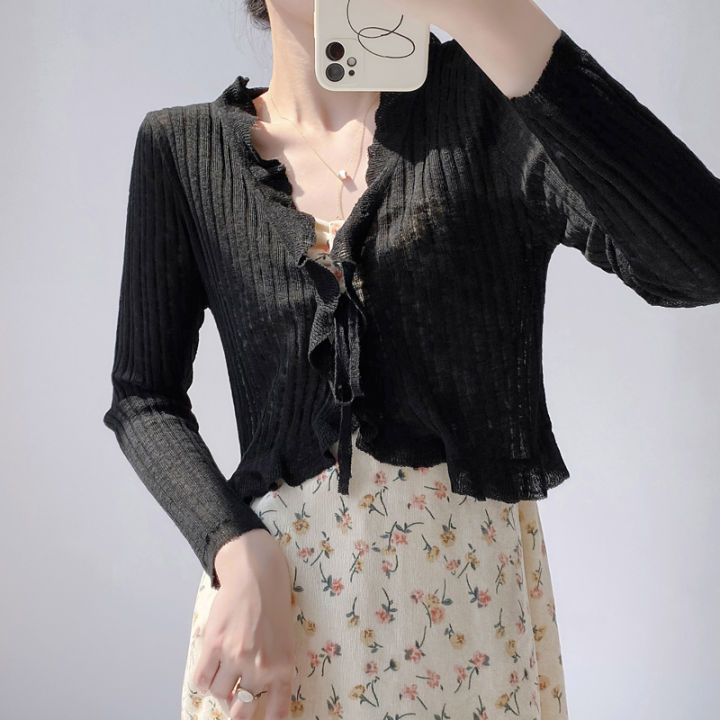 Ruffled%20Trim%20Tie%20Front%20Long%20Sleeve%20Crop%20Top%20Women%20Ribbed%20Knit%20Cardigan%20Sweater%20Shrug%20Top%20Summer%20Teen-girl%20Fairycore%20Outfit%20-%20Image%203
