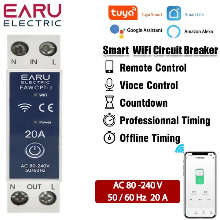 EARU EAWCPT-J 20A WiFi Smart Circuit Breaker; 1P 1P+N Voltage Energy ...