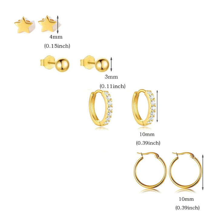 4Pairs%20Stainless%20Steel%20Small%20CZ%20Hoop%20Star%20BalL%20Stud%20Earrings%20Set%20for%20Women,%2018K%20Gold%20Plated%20Earring%20Stack%20for%20Multiple%20Piercing%20-%20Image%203