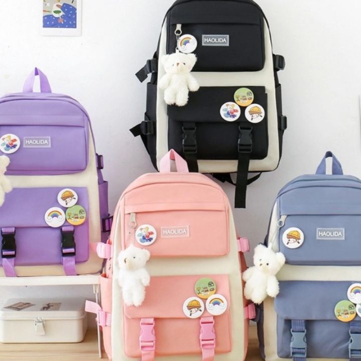 Autumn New Canvas Backpack Women's Korean Version Large Capacity Five-Piece Set Middle School Student Backpack College Student S