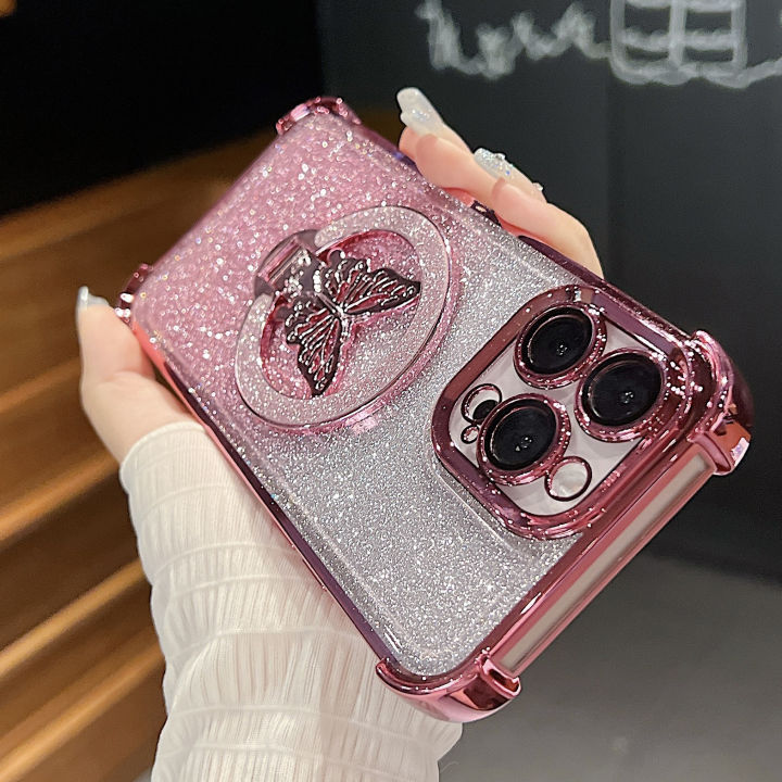 Luxury Butterfly Glitter Holder With Lens Film Phone Case For iPhone 11 12 13 14 15 16 17 Pro Max Plus Four Corner Anti Fall