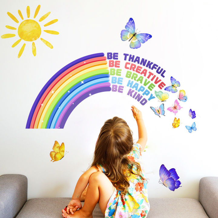 Rainbow Wall Decal Waterproof Sticker Rainbow Butterflies Clouds Star Flower Wall Decals for Nursery Kids Girls Bedroom Decor