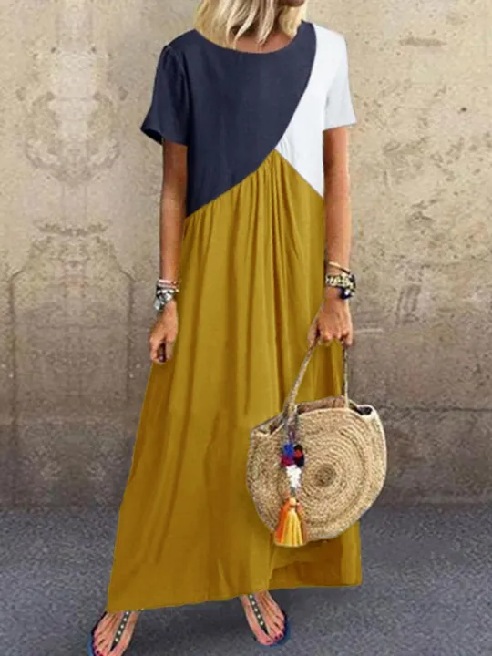 Women%20Dresses%20Long%20Maxi%20Dresses%20for%20women%20Vestidos%20Casual%20Dress%20Beach%20Patchwork%20Color%20Short%20Sleeve%20Loose%20Casual%20Plus%20Size%20Dress%20-%20Image%204