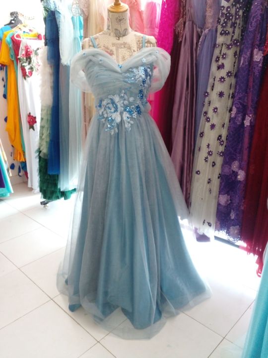 new lace party /engagement/preshoot/wedding dress back adjustable light blue  offshoulder with shoulder strap | Daraz.lk