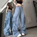 Wofacai women vintage loose pants Street cargo straight loose straight trousers with rope belt buckle cool look charming. 