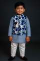 Boys Panjabi with Printed Waistcoat & White Payjama / Trouser – Kids 3 Piece Eid & Party Wear Set (White, Maroon, Light Indigo, Sky Floral). 