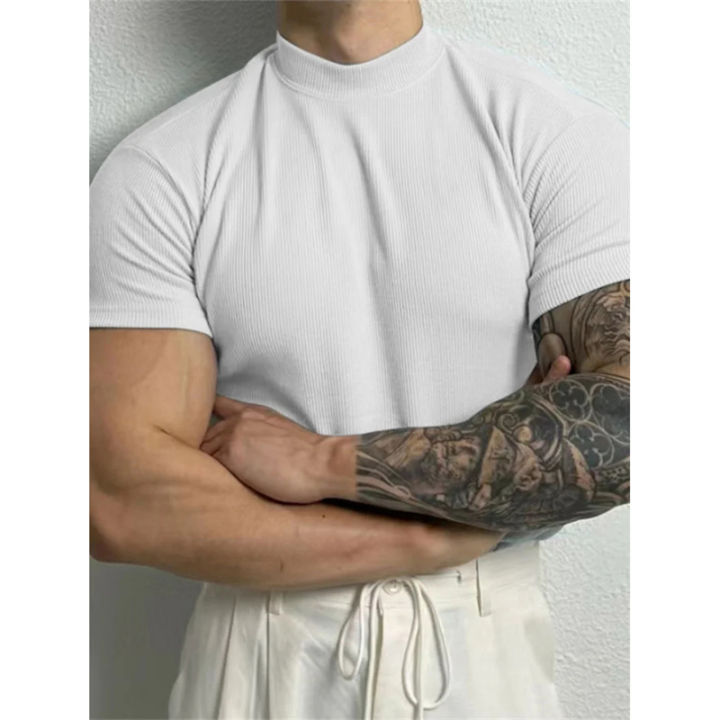 Spring%20Summer%20Elastic%20Men's%20T-Shirt%20Small%20High%20Collar%20Stripe%20Shirt%20Short%20Sleeve%20Fitness%20Top%20Leisure%20Sport%20T-Shirt%20Men%20Sportswear%20-%20Image%206
