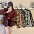 Tops Women Sheer Chiffon Plaid Shirt Long Sleeve Button Up Collared Oversize Checked Shirts and Blouse Summer Casual Outfit.