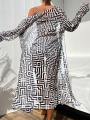 Women's Beach Summer Geometric Print Three-Piece Swimsuit Set with Long Sleeve Beach Cover-Up, Polyester Knit Fabric with Elasta.