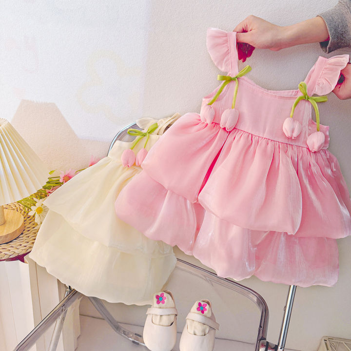 Baby Girl Dresses Summer Tulip Mesh Halter Girl Dresses Cute Multi Layer Girl Princess Dresses Baby Clothes Girl