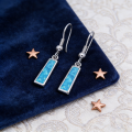 Blue Opal Dangle Earrings for Women,Rectangular Sapphire Blue stone & White K Plated Setting,Hypoallergenic Geometric Minimalist. 