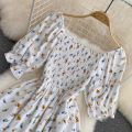 2026 Fashion New Summer Flower Print Long Dress Women Vintage Square Neck Ruched Chest Split Sundress Party Vestidos.