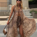 Summer 2025  Women's Beach Vacation Dress Set Chiffon Print Halter Long Dress Loose Leopard Print Shorts Dress Suit. 