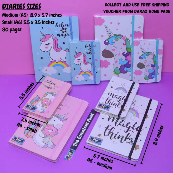 Unicorn Diary / Notebook For Kids (Girls) (Medium - A5 - 21 x 14.5 x 1.3 cm) (Small - A6 - 14 x 8.9 x 1.3 cm) (80 pages) - Diary / Diaries for Girls / Kids