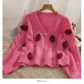 Strawberry Cardigan Sweater Chunky Knit Button Front Cute Strawberry Soft Sweet Sweaters Jacket Teen-girl Women Fairycore Outfit. 
