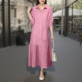 ZANZEA Cotton Casual Lace Dress Women Solid Sundress A-Line Mid-Calf Pleated Robe Summer 2025 Vintage Turn-Down-Collar Vestidos. 