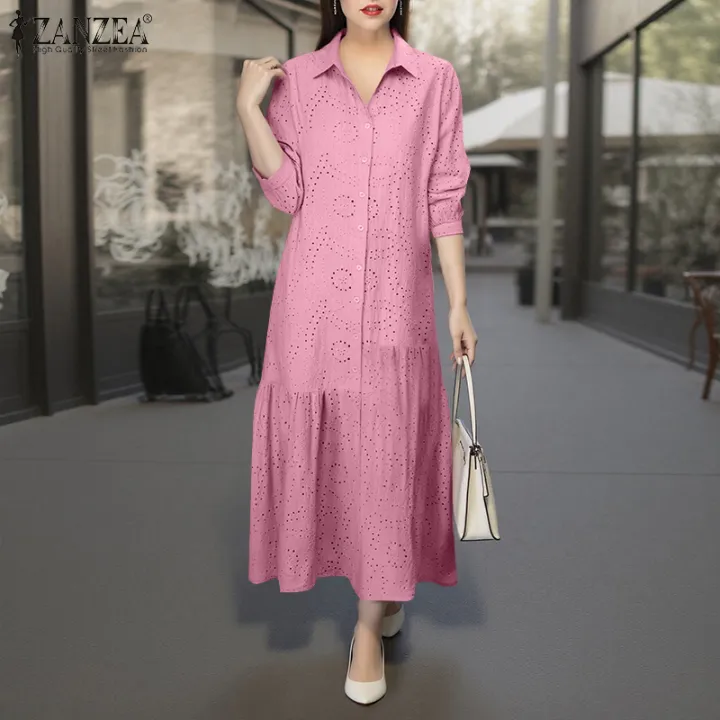 ZANZEA%20Cotton%20Casual%20Lace%20Dress%20Women%20Solid%20Sundress%20A-Line%20Mid-Calf%20Pleated%20Robe%20Summer%202025%20Vintage%20Turn-Down-Collar%20Vestidos%20-%20Image%207