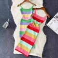 Rainbow Chic Fashion Sexy Wrap Hips Midi Dress Women Y2K Strip Knitted Bodycon Summer Dress Streetwear Ladies Outfits Sundress. 