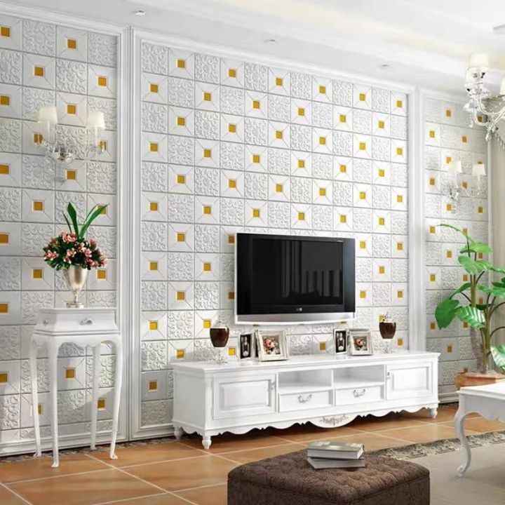 3D Peel & Stick Foam Wall Panels, 6 Sheets Cover 30 sq feet, Self Adhesive Decorative Wallpaper for Living Room Wall Decoration, Gold