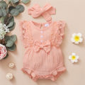 0-18 Months Old Newborn Solid Color Sleeveless Round Neck Lace Edge Bow Romper+Headband Baby Girl Summer New Casual Jumpsuit. 