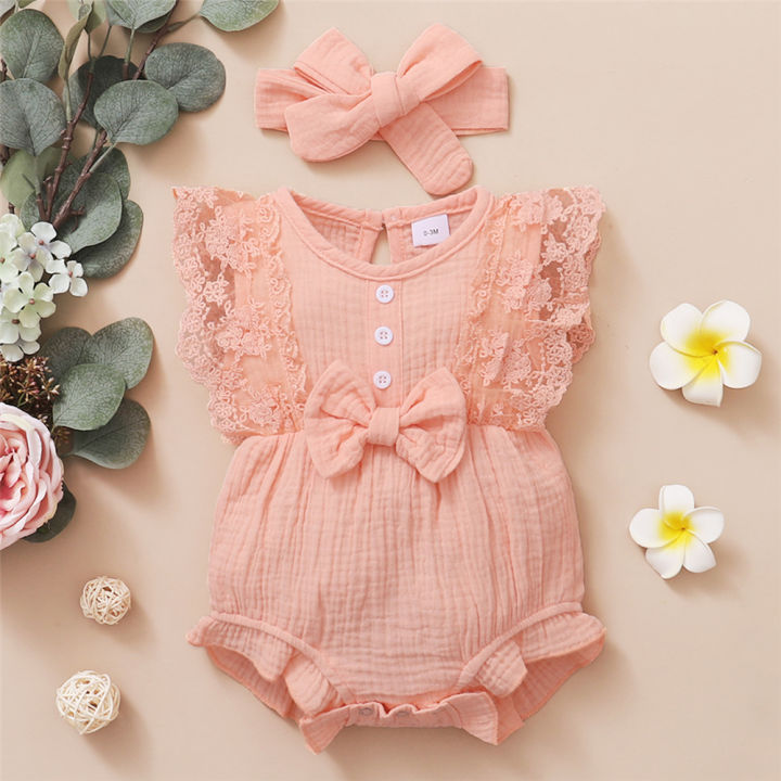 0-18%20Months%20Old%20Newborn%20Solid%20Color%20Sleeveless%20Round%20Neck%20Lace%20Edge%20Bow%20Romper+Headband%20Baby%20Girl%20Summer%20New%20Casual%20Jumpsuit%20-%20Image%202