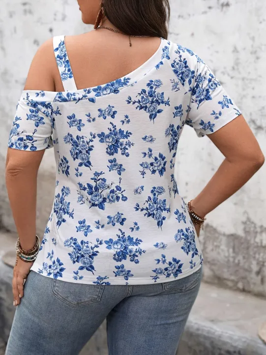 Plus%20Size%20Women's%20White%20&%20Blue%20Floral%20Print%20Cold%20Shoulder%20Top%20-%20Asymmetric%20Neck%20Ruffle%20Sleeve%20Blouse%20(0XL-4XL)%20-%20Image%202