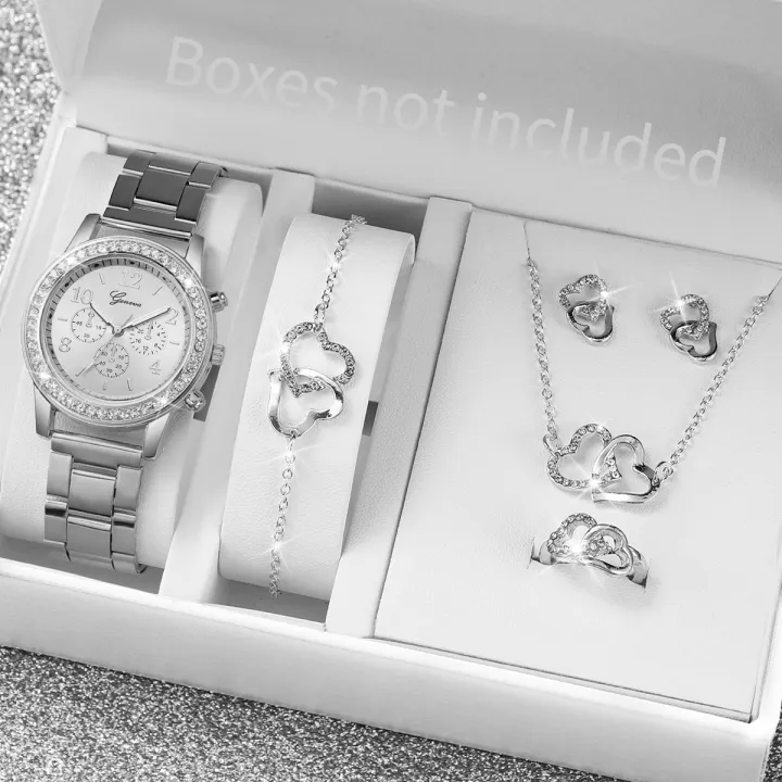 6PCS/Set%20Women's%20Watch%20Fashion%20Rhinestone%20Stainless%20Steel%20Band%20Quartz%20Watch%20Double%20Heart%20Jewelry%20Set(Without%20Box)%20-%20Image%203
