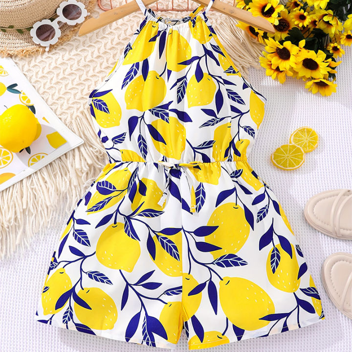 Summer Girls And Girls Cool And Breathable Cute Hanging Neck One Piece Printed Shorts Princess Daily Leisure Party Clothing