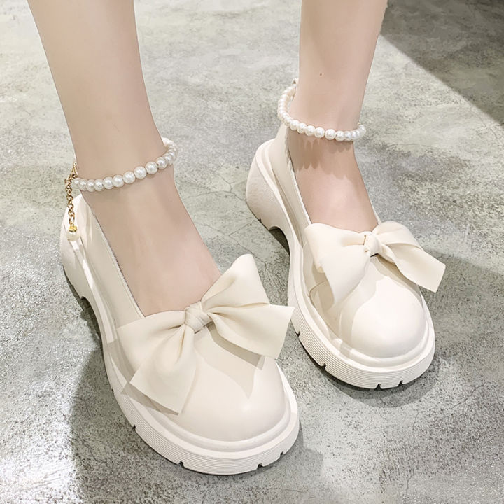 Fashion Mary Jane Shoes Women 2024 Spring/summer New Pearl Bow Single Shoe Chunky Heel Small Leather Shoes