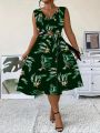 Elegant Plus Size Women's Fashion Print  V-Neck Dress Stylish Commute Slim Fit Sleeveless Dress. 