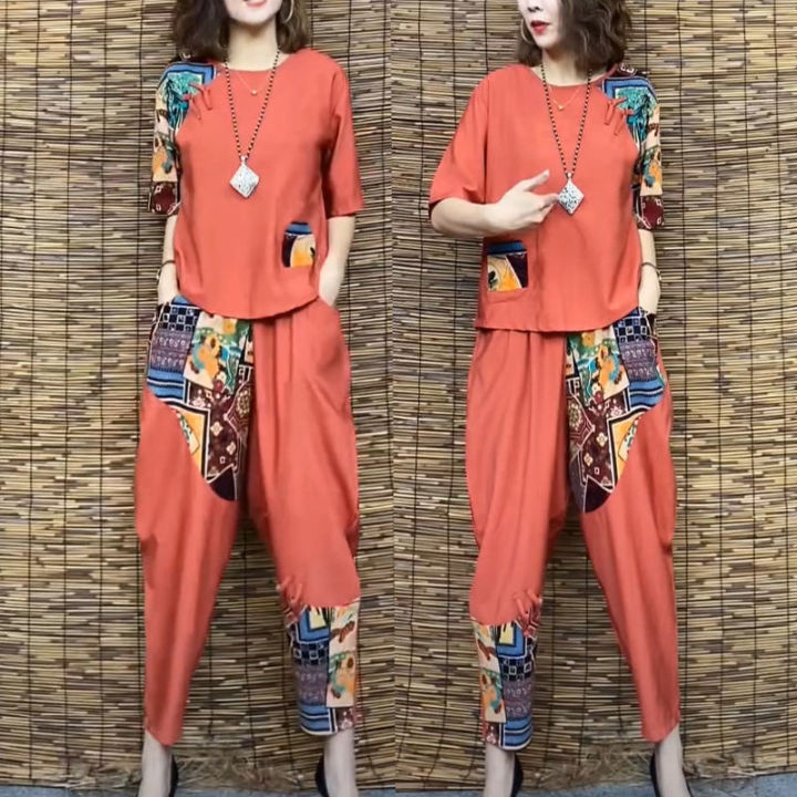 Women's%20Casual%20Suit%202024%20Summer%20New%20Slim%20Short%20Sleeve%20T-Shirt%20Top%20Harlan%20Cropped%20Pants%20Plus%20Fashion%20Cotton%20Linen%202%20Two%20Piece%20Set%20-%20Image%205