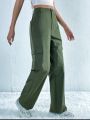 Women's Dark Green Cargo Box Pant High Waist Wide Leg Loose Fit Trousers. 