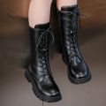 Autumn/Winter ZIP Fashion Cool Baby Girls Warm Square Heel Round Toe Casual Lace-Up Comfortable Kids Black Mid Boots.