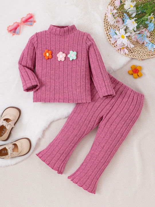 Girl%20baby%20Set%20Half%20High%20Collar%20Solid%20Color%20Small%20Flower%20Tops%20+Pants%20Fashion%20%202pcs/Set%200-3%20Years%20Cute%20Girl%20baby%20Spring%20Autumn%20Set%20-%20Image%207