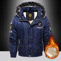 Men's Winter Warm, Hooded Jacket with Raw Edge, Lined Aviator Jacket, Embroidered Badge Design, Windproof and Waterproof Jacket.