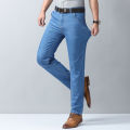 2026 New Spring Summer Ice Silk Thin Men's Light Blue Straight Slim Jeans Stylish Casual Stretch Denim Pants Classic Trousers 40. 