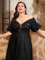 Mgiacy plus size Line neck puffy sleeve satin spliced sequin retraction long skirt Evening gown PROM dress Party dress.