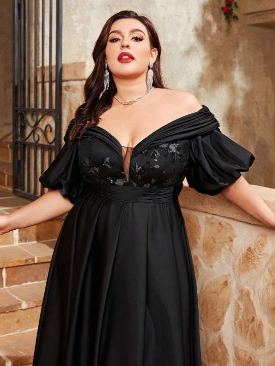 Mgiacy%20plus%20size%20Line%20neck%20puffy%20sleeve%20satin%20spliced%20sequin%20retraction%20long%20skirt%20Evening%20gown%20PROM%20dress%20Party%20dress%20-%20Image%203