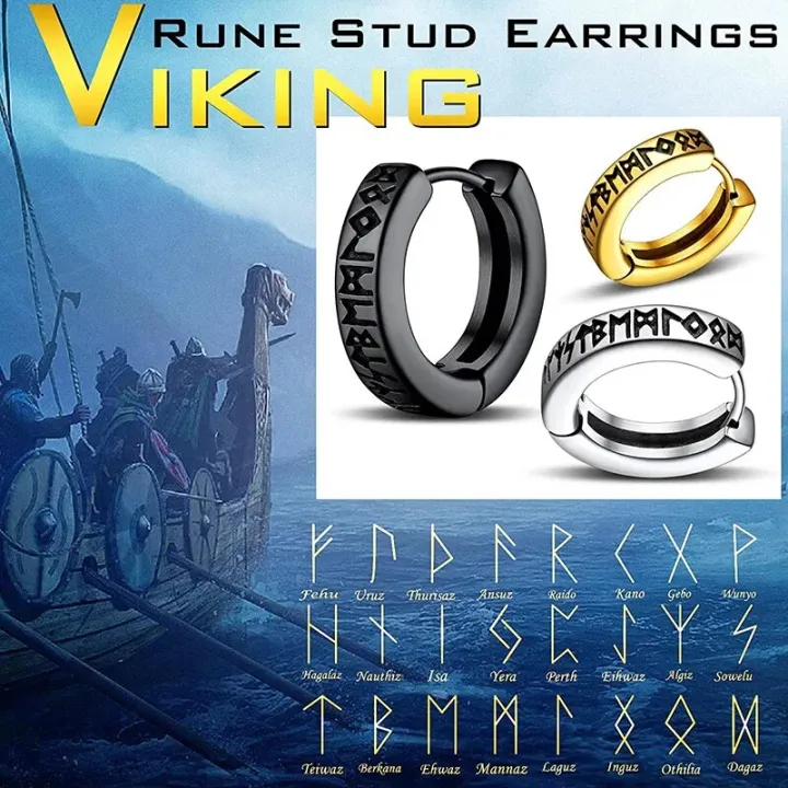 Stainless%20Steel%20Norwegian%20Viking%20Rune%20Hoop%20Earrings%20For%20Men%20Woman%20Unisex%2012%20Mm%20Huggie%20Hoop%20Religious%20Earring%20Jewelry%20-%20Image%204
