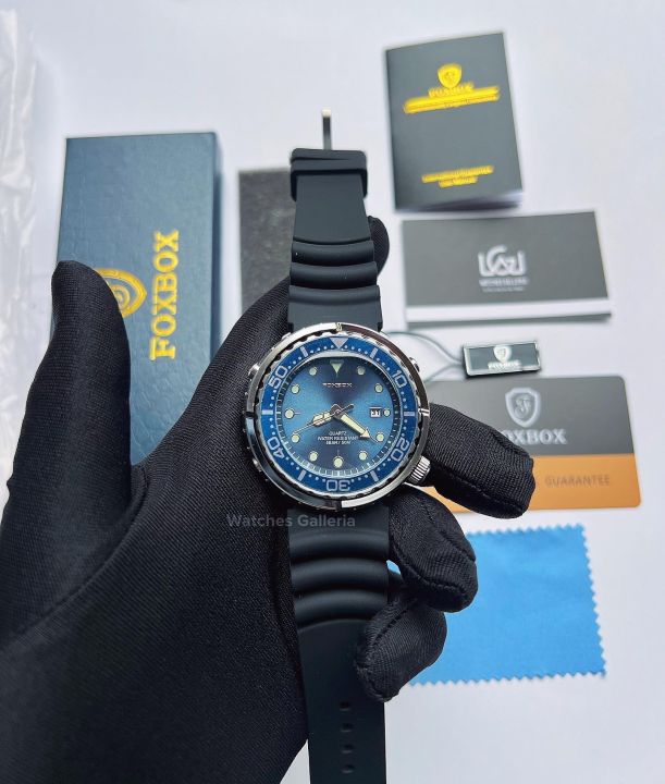 Foxbox Tuna FB0024 Blue Rubber Strap Black Diver Design Silicon Bracelet