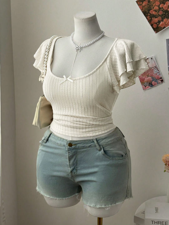 New%20women's%20fashion%20low-neck%20lace-sleeve%20bow-tie%20decoration%20plus-size%20women's%20T-shirt%20-%20Image%204
