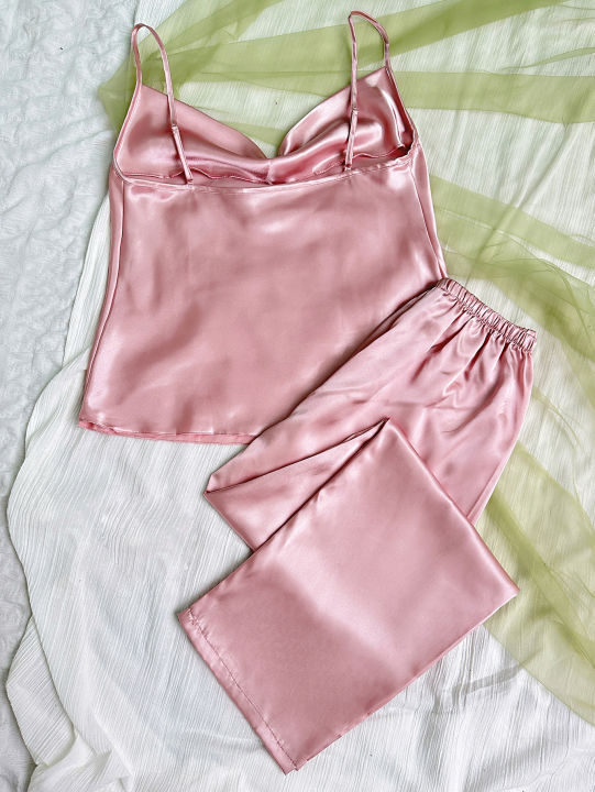 Solid%20Satin%20Pajama%20Set%20%20Draped%20Collar%20Cami%20Top%20%20Elastic%20Waistband%20Pants%20Women's%20Sleepwear%20%20%20Loungewear%20-%20Image%202