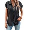 Ladies Casual Plus Size 1XL-5XL Short Sleeve Elegant Solid Color Shirt Women's Black Zip-Up Blouse Button Lapel  Blouse Shirt. 