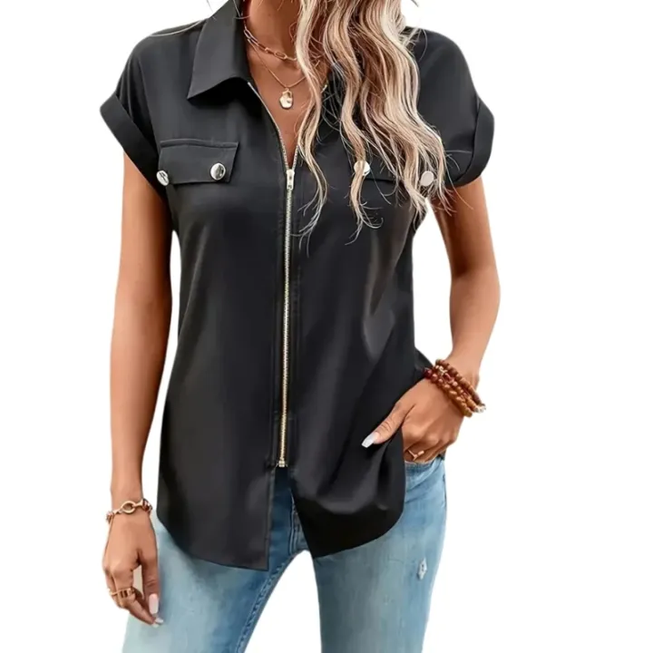 Ladies%20Casual%20Plus%20Size%201XL-5XL%20Short%20Sleeve%20Elegant%20Solid%20Color%20Shirt%20Women's%20Black%20Zip-Up%20Blouse%20Button%20Lapel%20%20Blouse%20Shirt%20-%20Image%204